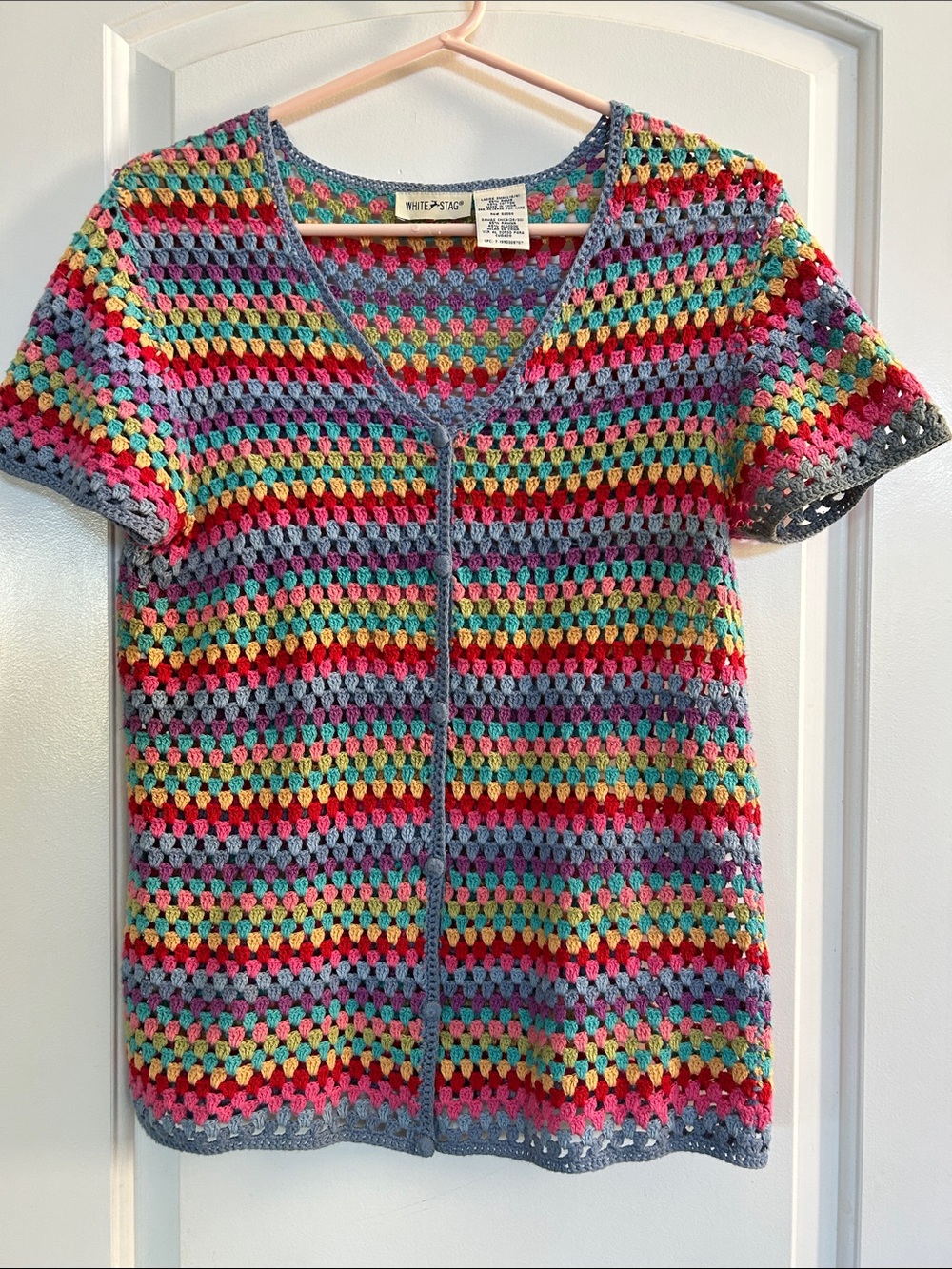 White Stag Multicolor Crochet V-Neck Short Sleeve Top
